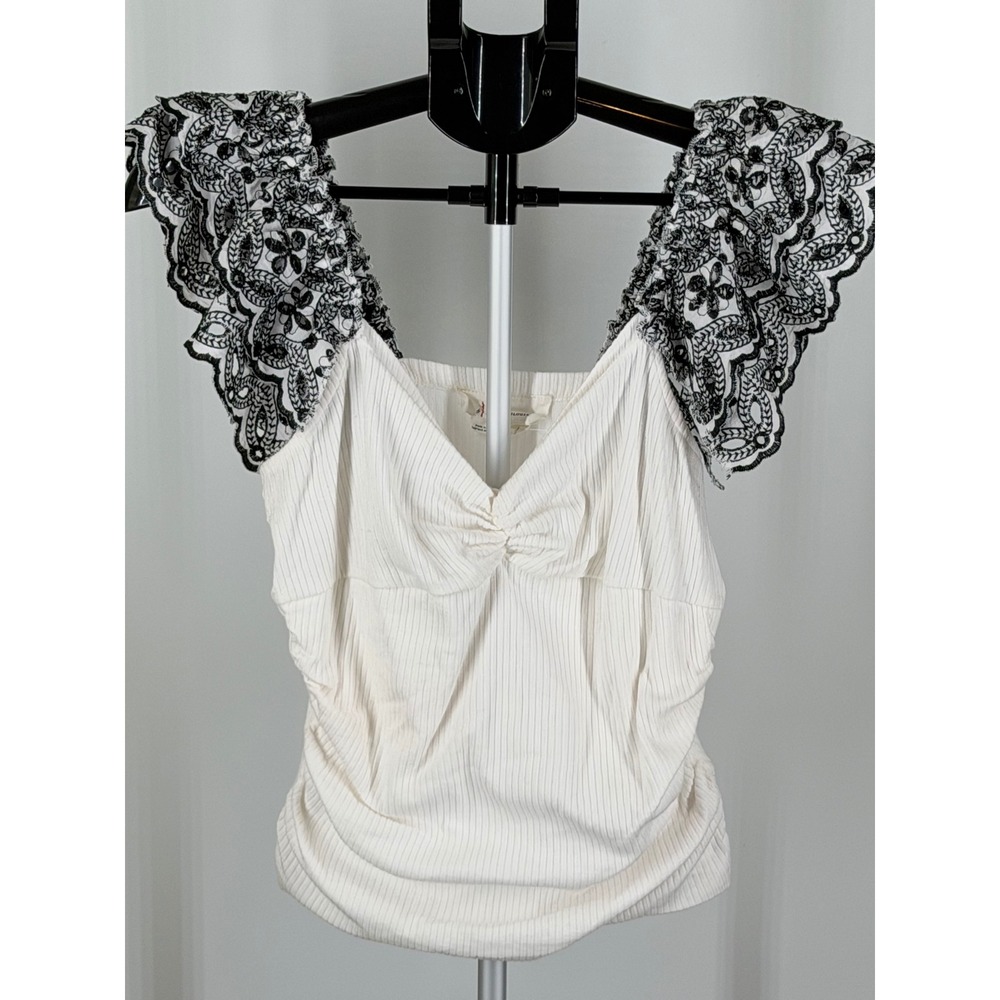 Anthropologie White Ribbed Ruched Top Black Embroidered Eyelet Ruffle Sleeve M